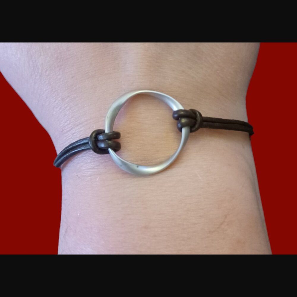 925 Sterling Silver Brown Leather Double Strand Open Hoop Bracelet 7.5"